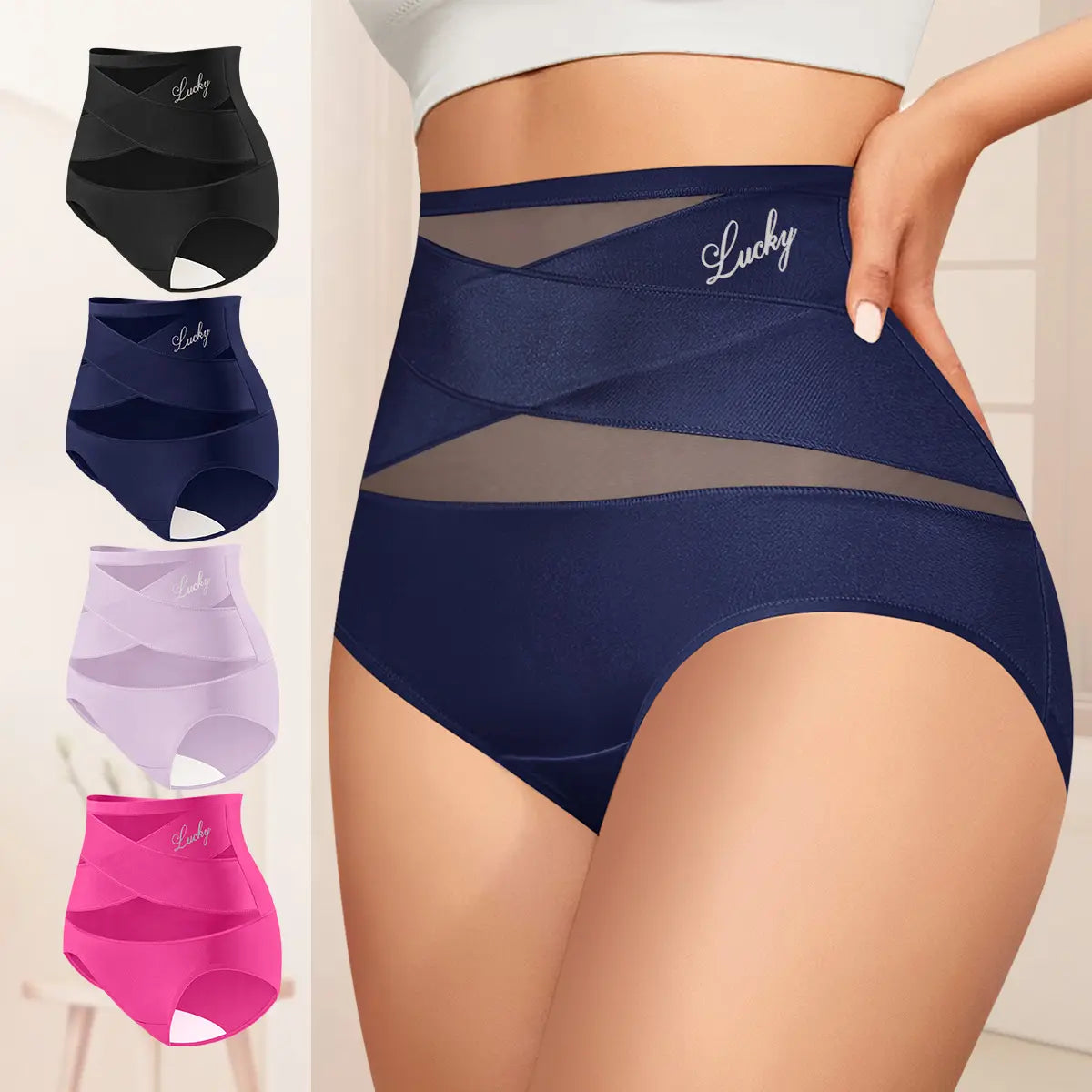 Morelect High Waisted Underwear for Women, 3/4/5/6/8 Pcs Lucky Logo Embellished, Cross Ventilation Mesh Briefs, Breathable Lightweight, All Season Panties