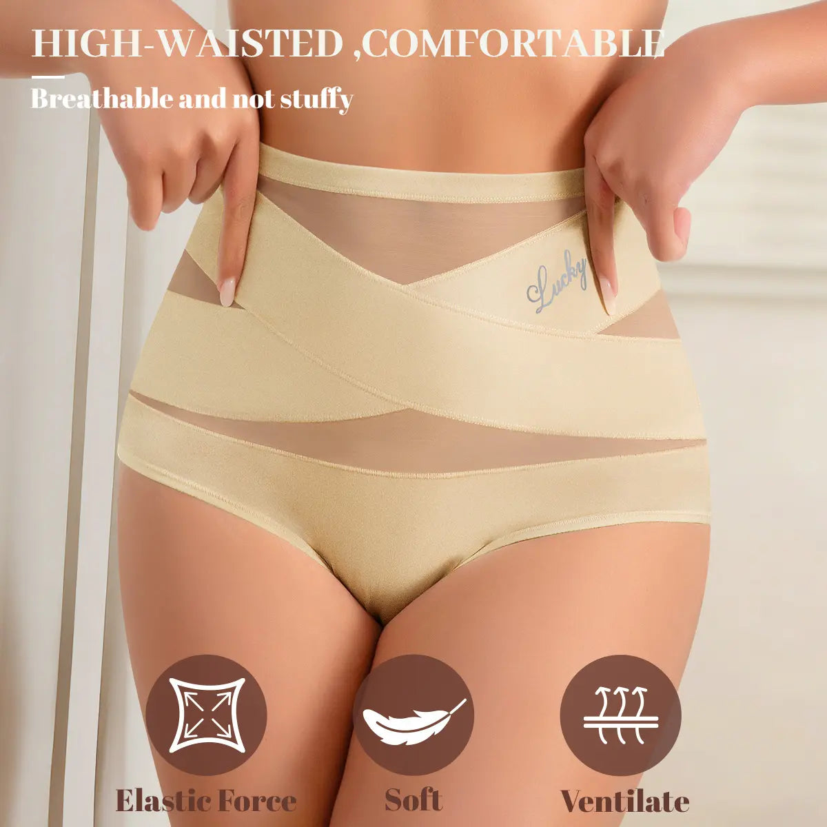 Morelect High Waisted Underwear for Women, 3/4/5/6/8 Pcs Lucky Logo Embellished, Cross Ventilation Mesh Briefs, Breathable Lightweight, All Season Panties