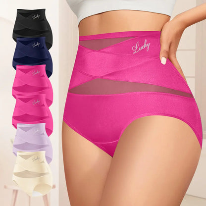 Morelect High Waisted Underwear for Women, 3/4/5/6/8 Pcs Lucky Logo Embellished, Cross Ventilation Mesh Briefs, Breathable Lightweight, All Season Panties