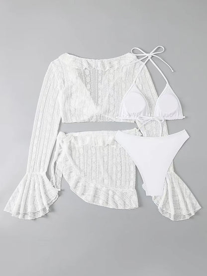 2026 Sexy Four-piece Women Swimsuit Long-sleeve Cover-up Swimwear Summer Solid Bikini Set Brazilian Beachwear Party bathing suit