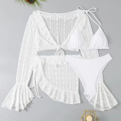 2026 Sexy Four-piece Women Swimsuit Long-sleeve Cover-up Swimwear Summer Solid Bikini Set Brazilian Beachwear Party bathing suit