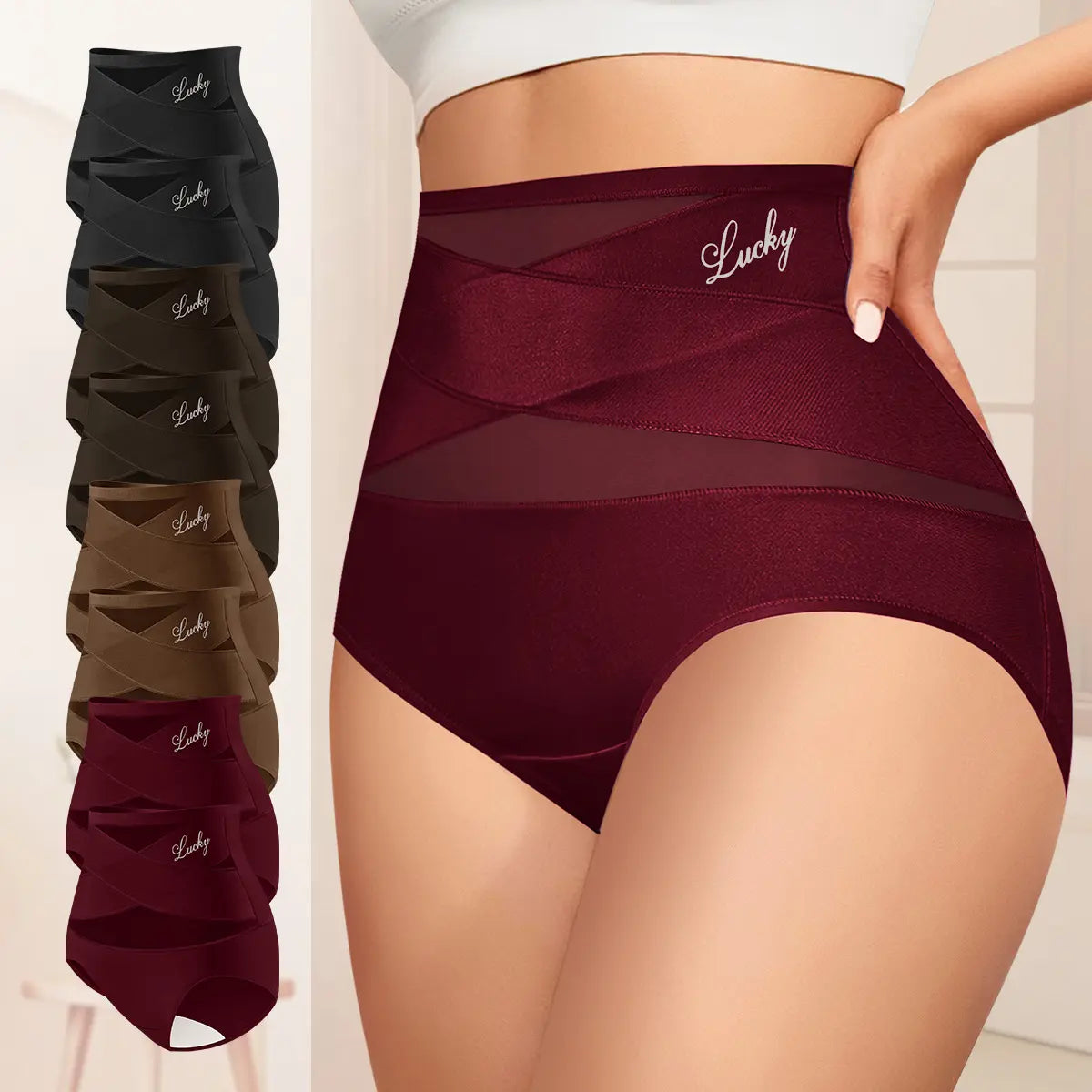 Morelect High Waisted Underwear for Women, 3/4/5/6/8 Pcs Lucky Logo Embellished, Cross Ventilation Mesh Briefs, Breathable Lightweight, All Season Panties