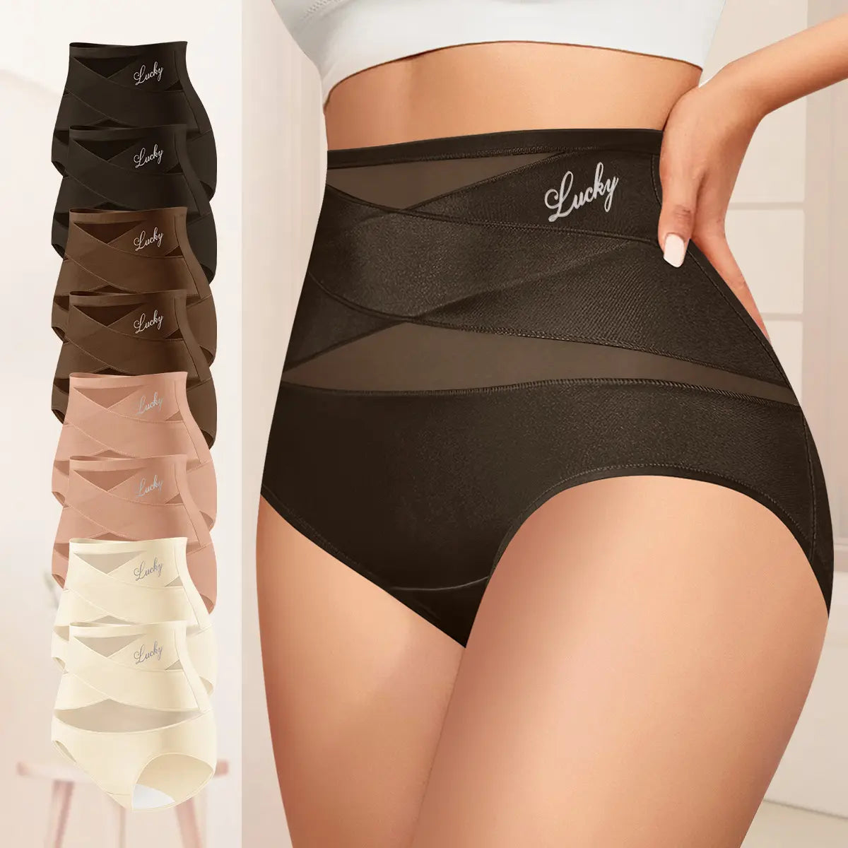 Morelect High Waisted Underwear for Women, 3/4/5/6/8 Pcs Lucky Logo Embellished, Cross Ventilation Mesh Briefs, Breathable Lightweight, All Season Panties