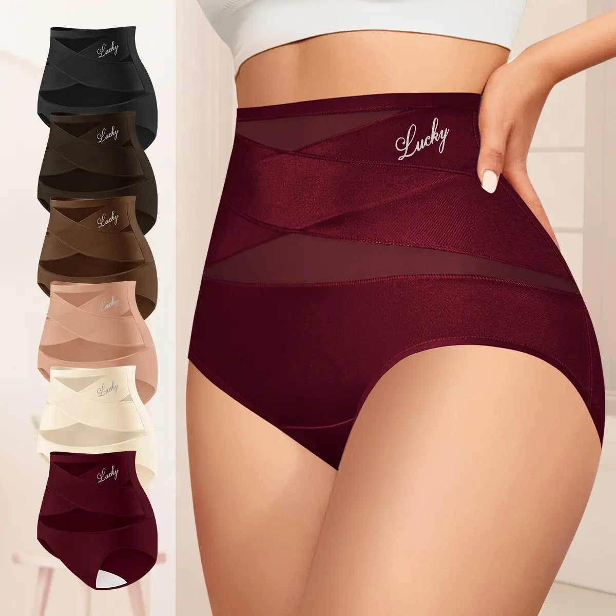 Morelect High Waisted Underwear for Women, 3/4/5/6/8 Pcs Lucky Logo Embellished, Cross Ventilation Mesh Briefs, Breathable Lightweight, All Season Panties