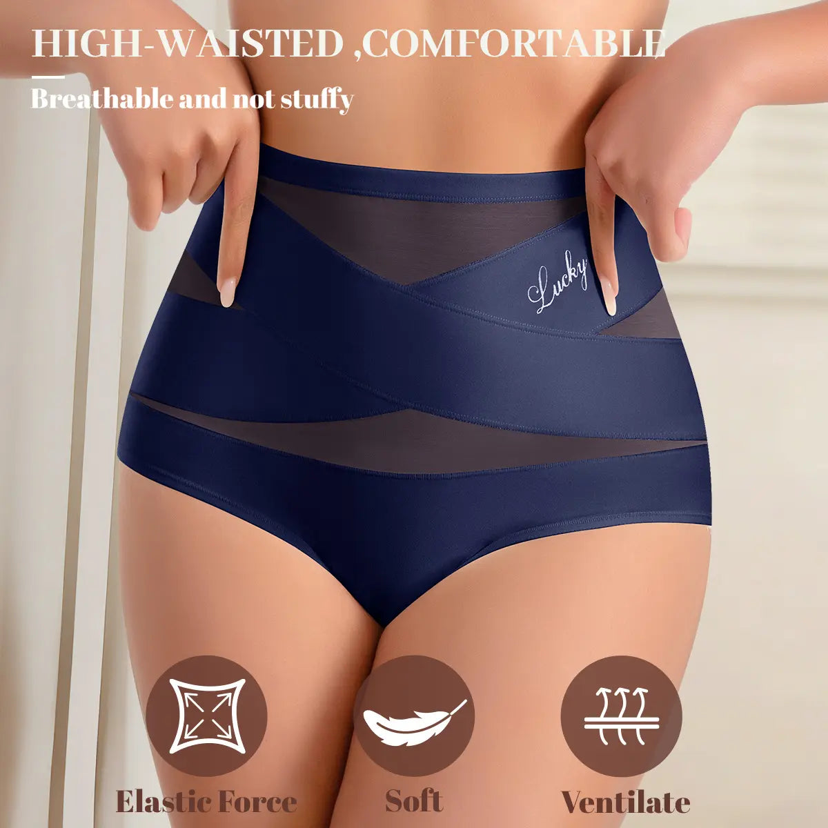 Morelect High Waisted Underwear for Women, 3/4/5/6/8 Pcs Lucky Logo Embellished, Cross Ventilation Mesh Briefs, Breathable Lightweight, All Season Panties