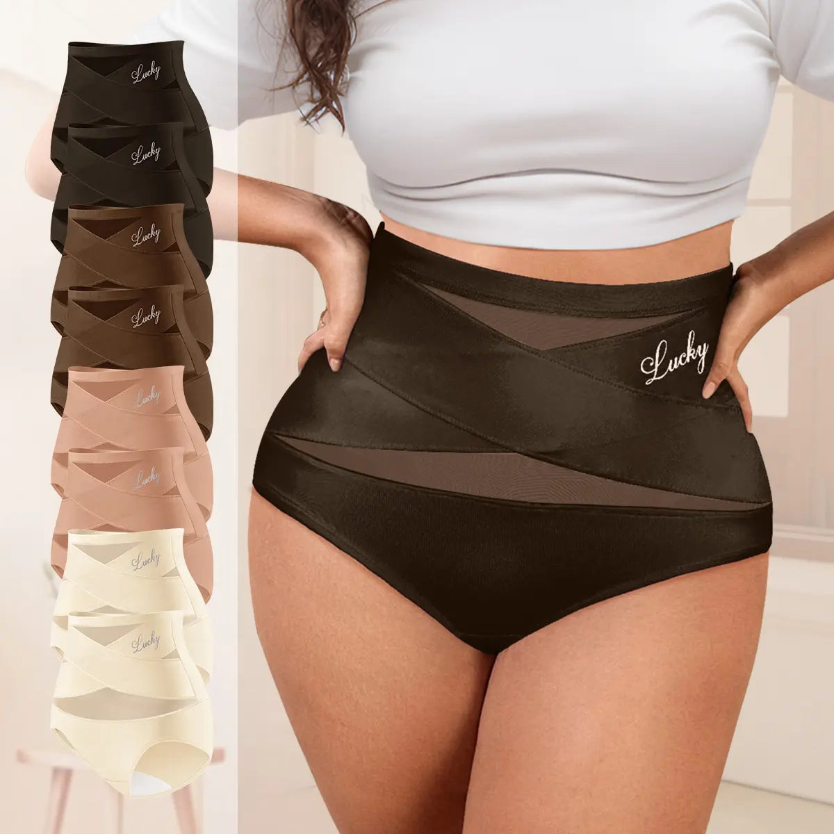 Morelect High Waisted Underwear for Women, 3/4/5/6/8 Pcs Lucky Logo Embellished, Cross Ventilation Mesh Briefs, Breathable Lightweight, All Season Panties